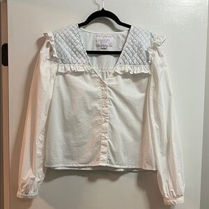 The Shirt by Rochelle Behrens White Blouse with Ruffle and Quilted Accents